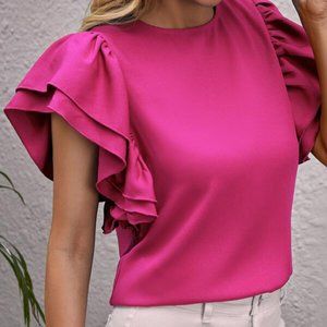 PINK Butterfly Ruffle Sleeve Blouse Minimalist Neu